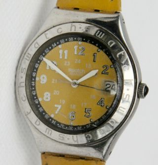 Vintage Yellow Swatch Watch Swiss Stainless Steel Water Resistant Leather Strap