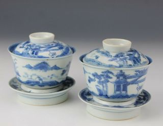 Pr Chinese Export Painted Porcelain Landscape Scene Lidded Tea Cups Saucers Sab