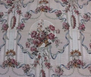French Antique Romantic Baskets Of Roses & Ribbons Cotton Tapestry Sample Fabric