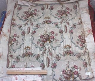 French Antique Romantic Baskets Of Roses & Ribbons Cotton Tapestry Sample Fabric 2