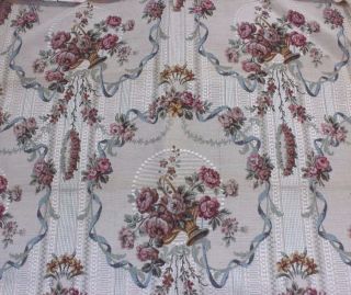 French Antique Romantic Baskets Of Roses & Ribbons Cotton Tapestry Sample Fabric 3