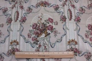 French Antique Romantic Baskets Of Roses & Ribbons Cotton Tapestry Sample Fabric 4