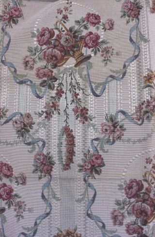 French Antique Romantic Baskets Of Roses & Ribbons Cotton Tapestry Sample Fabric 6