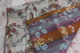 French Antique Romantic Baskets Of Roses & Ribbons Cotton Tapestry Sample Fabric 8