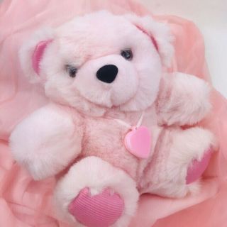 Vintage 80s 90s Plush Pastel Pink Teddy Bear Fairy Kei Plastic Heart Locket