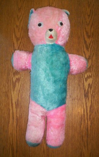 Vintage Stuffed Bear 26 " Part Rubber Face,  Pink & Blue With Chime Inside