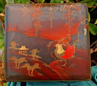 Antique Chinese Red Lacquer Box Pagoda Temple Pheasants Abalone Gold Lines
