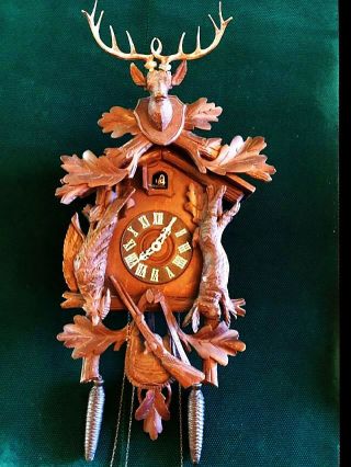 German Antique Wooden Cuckoo Clock Hanging Wall With Buck And Rabbits