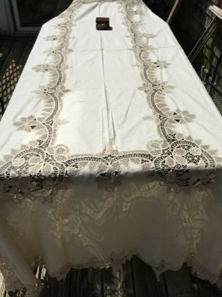 Vintage Antique Cantu Tape Lace Banquet Tablecloth 68 X 116” Cream