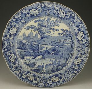 Antique Pottery Pearlware Blue Transfer Swansea Ladies Llangollen 10 " Plate 1820