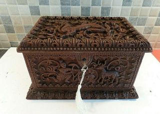 Antique Burmese Box Hand Carved By P.  O.  W In Rangoon Gaol C1912 - Lock& Key