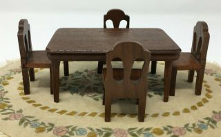 Vintage Dollhouse Miniature Wood Table & 4 Chairs Strombecker Kage Era Furniture
