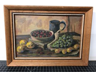 Vintage Painting On Board Framed Still Life With Fruits On Table 12x8”