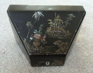 Antique Victorian Black Papier Mache Slope Topped Box Inlaid With Abalone & Gilt