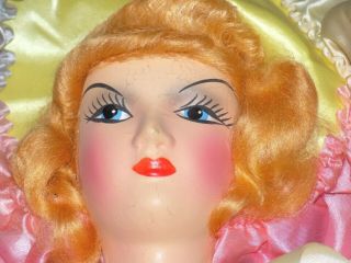 Vintage 24 " Boudoir Bed Doll Composition Face Straw Stuffed Pastel Dress