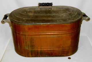 Antique Large Copper Boiler / Wash Tub With Lid And Wooden Handles