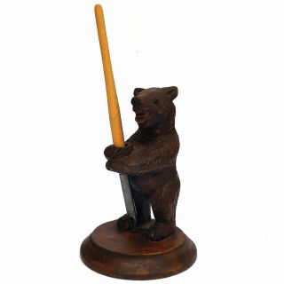 A Antique Vintage Carved Black Forest Wooden Bear Pen Holder