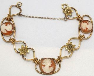 Antique Art Nouveau Carved Shell 3 Cameo Gold Fill Bracelet An68