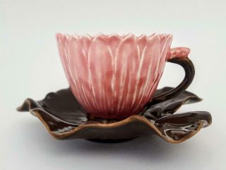Rare Antique Art Nouveau Zsolnay Pecs Majolica Lotus Flower Cup & Saucer 1880 1 3