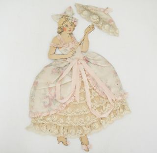 Antique Victorian Paper Doll Satin And Lace Dress Umbrella Ribbon Unframed