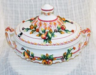 Tureen Italy Majolica - Style 3 - Pc Fruit Relief Fabulous 13 "