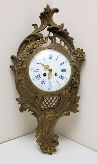 19th C Antique French Gilt Bronze Cartel Hanging Wall Clock Japy Freres
