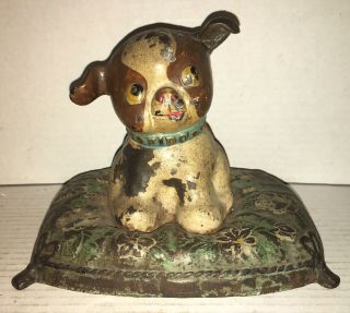 Rare Antique Hubley Cast Iron Fido Dog On Pillow Bank Paint 1914