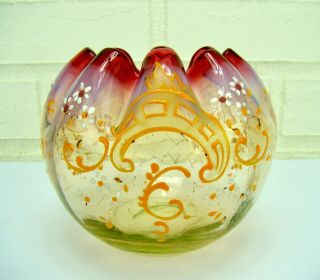 Antique Victorian Vaseline To Cranberry Opalescent Hand Painted Enamel Rose Bowl