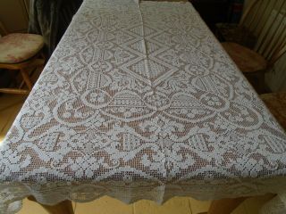 Vintage Hand Worked Cotton Filet Lace Tablecloth - 44 X 62 Inches -