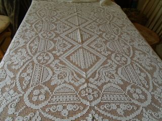 VINTAGE HAND WORKED COTTON FILET LACE TABLECLOTH - 44 X 62 INCHES - 4