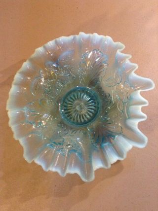 Vintage Antique Northwood Blossoms & Palms Blue Opalescent Ruffled Bowl