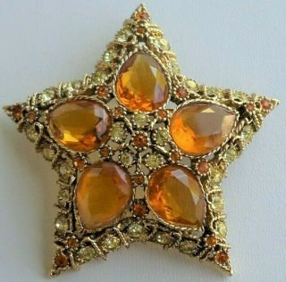 Kjl Kenneth Jay Lane Antique Gold Tone Amber Color Crystal Star Pin Brooch