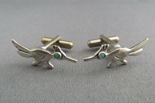 Vintage Old Pawn Sterling Turquoise Eyed Roadrunner Cuff Links