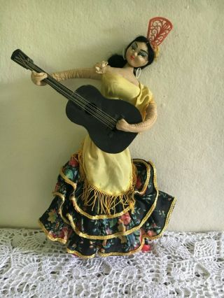 Vintage Layna Klumpe Spanish Cloth Doll 11 " French Lady Dancer Girl Gold Black