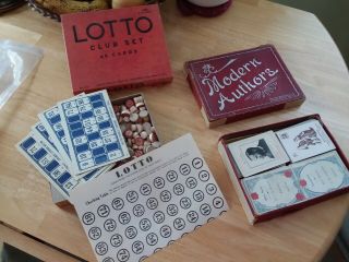 2 Antique Card Games (rare) Modern Authors & Lotto Club Set.  Milton Bradley