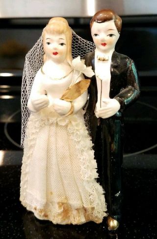 Vintage Antique Wedding Cake Topper 4.  5 " Bride & Groom Painted Porcelian