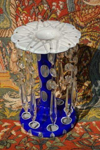 An Antique Victorian Blue & White Overlay Cut Glass Mantle Lustre,  19.  5cm High
