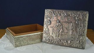 Old Trinket Box Plated Copper Metal Embossed Case Antimony Vintage Antique