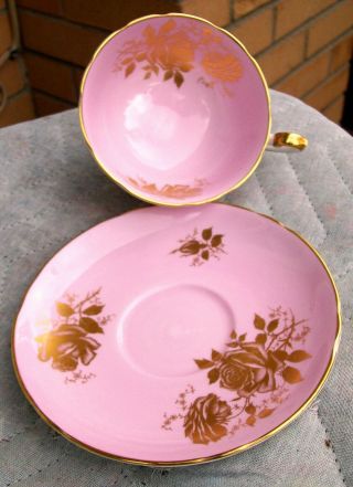 Antique Shelley Porcelain Wide - Mouth Tea Cup Saucer Pink Gilt Rose Embossed