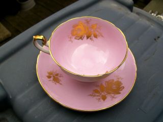 ANTIQUE SHELLEY PORCELAIN WIDE - MOUTH TEA CUP SAUCER PINK GILT ROSE EMBOSSED 2