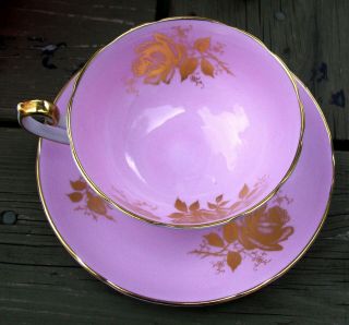 ANTIQUE SHELLEY PORCELAIN WIDE - MOUTH TEA CUP SAUCER PINK GILT ROSE EMBOSSED 3