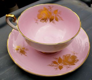 ANTIQUE SHELLEY PORCELAIN WIDE - MOUTH TEA CUP SAUCER PINK GILT ROSE EMBOSSED 4