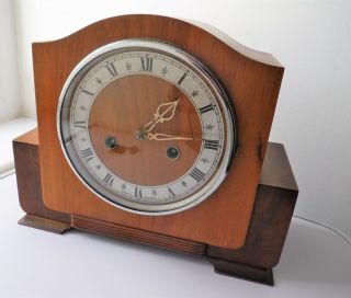 Vintage Art Deco Design British Made Enfield Movement Light Wood Mantel Clock