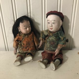 Antique Chinese Girl & Boy Doll Composition 8” Asian Clothing Painted Eyes