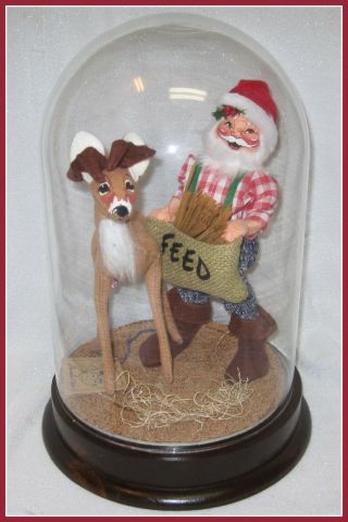 Annalee Mobility Santa Claus & Reindeer Doll 1991 Vintage In Glass Dome W/ Base