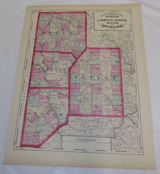 1872 Antique Color Map///counties Of Lawrence,  Mercer,  Beaver & Butler,  Pa