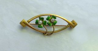 Antique Art Deco10k Gold Lingeri Pin Brooch Clear Sapphire Seed Pearl Green Enam