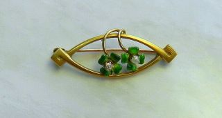 Antique Art Deco10K Gold Lingeri Pin Brooch Clear Sapphire Seed Pearl Green Enam 6