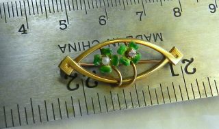 Antique Art Deco10K Gold Lingeri Pin Brooch Clear Sapphire Seed Pearl Green Enam 7