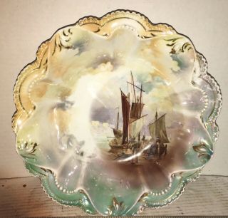 Antique Rs Prussia Bowl 10” Bowl With Masted Schooner Ship
